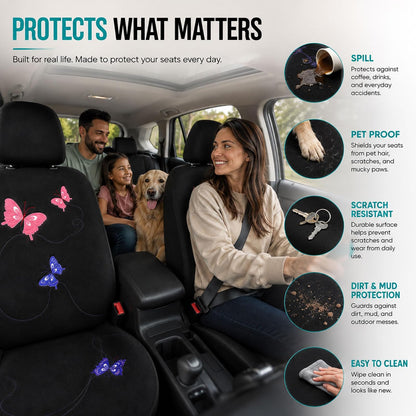 FH GROUP FB055114 Black Butterfly Embroidery Car Seat Cover (Full Set)