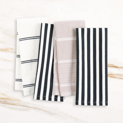 Kate Spade New York Botanical Stripe Juego de 4 Toallas de Cocina absorbentes, 100% algodón, Negro/Beige, 17 x 28 Pulgadas