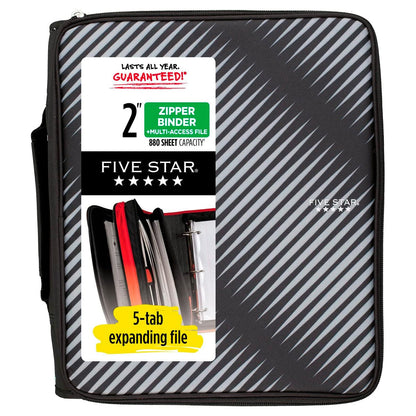 Five Star Carpeta de Tela con Cierre de 2" de 3 Argollas, Archivo Expandible y Organizador, Capacidad 380/880 Hojas. Gris-Negro. 72536