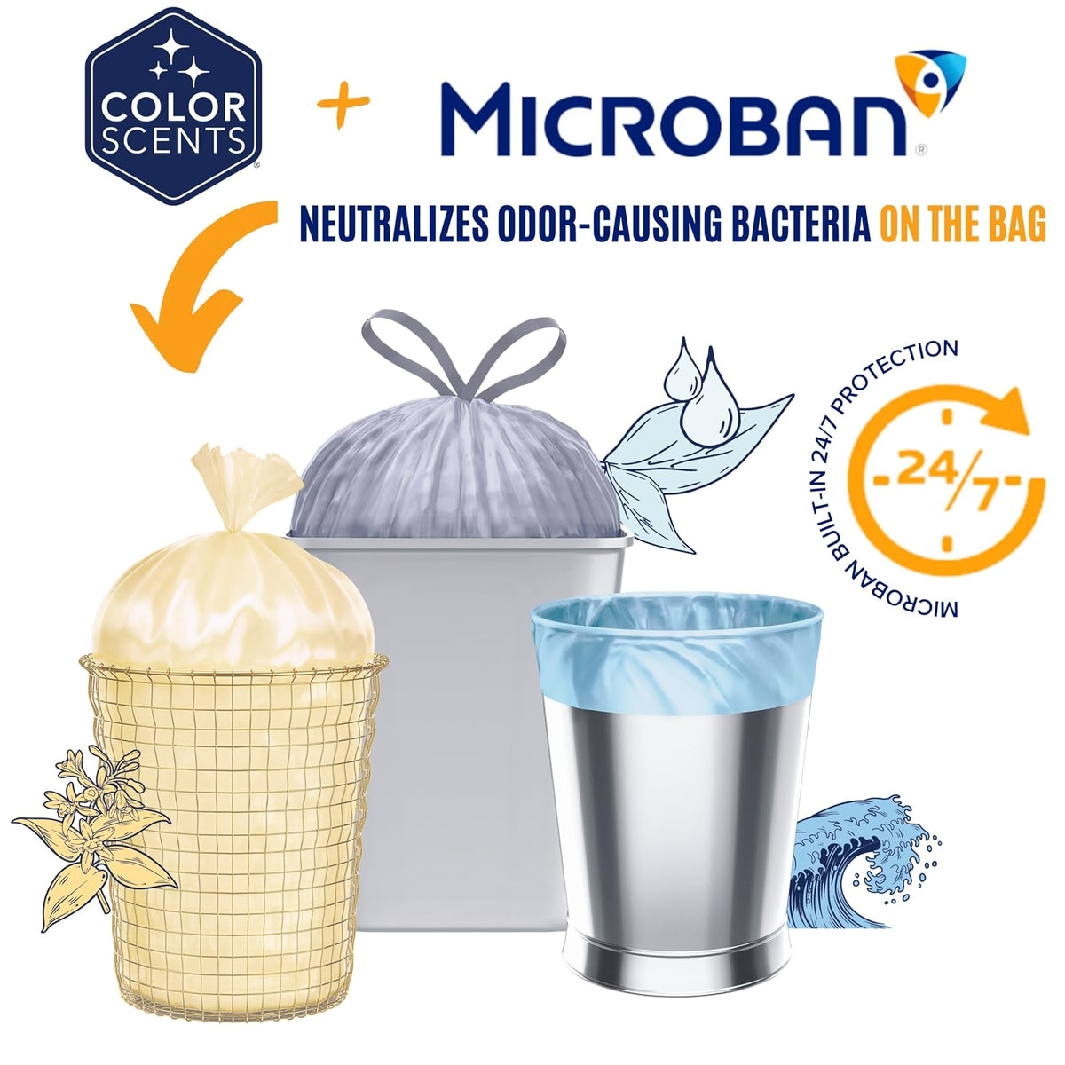 Color Scents Bolsas de basura pequeñas - 4 galones, 720 bolsas en total (12 paquetes de 60 unidades), lazo giratorio (4 aromas únicos + combinaciones de colores) con Microban