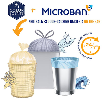 Color Scents Bolsas de basura medianas – 8 galones, 540 bolsas en total (12 paquetes de 45 unidades), Twist Tie – Colección Clean (3 aromas únicos + combinaciones de colores) con Microban