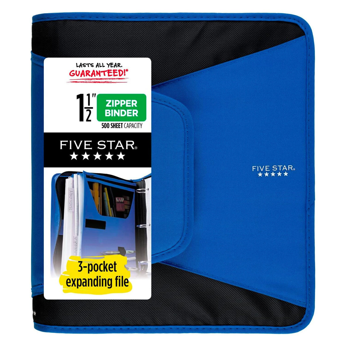 Five Star - Carpeta con cremallera de 1-1/2 pulgadas, carpeta de 3 anillas, archivo expandible de 3 bolsillos, duradera, azul (72202)