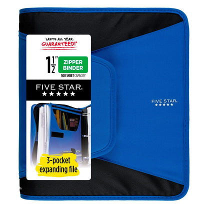 Five Star - Carpeta con cremallera de 1-1/2 pulgadas, carpeta de 3 anillas, archivo expandible de 3 bolsillos, duradera, azul (72202)