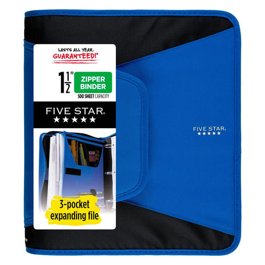 Five Star - Carpeta con cremallera de 1-1/2 pulgadas, carpeta de 3 anillas, archivo expandible de 3 bolsillos, duradera, azul (72202)