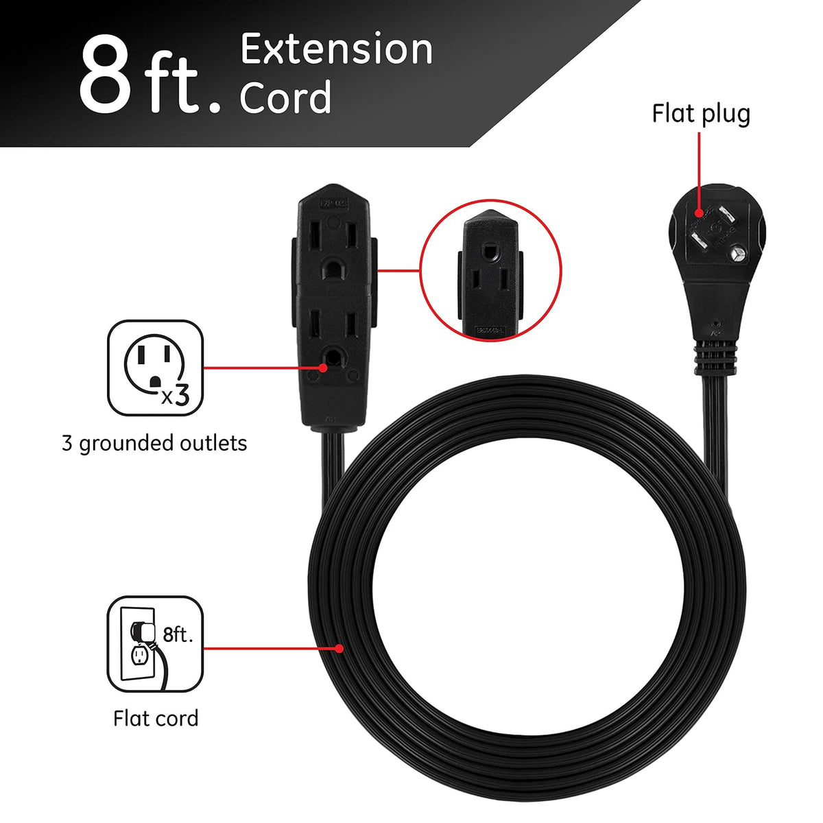 GE 56991 - Cable de extensión plano de 3 tomacorrientes de 8 pies con múltiples tomacorrientes de 3 puntas, cable de extensión de enchufe plano extensor para interiores, calibre 16 UL