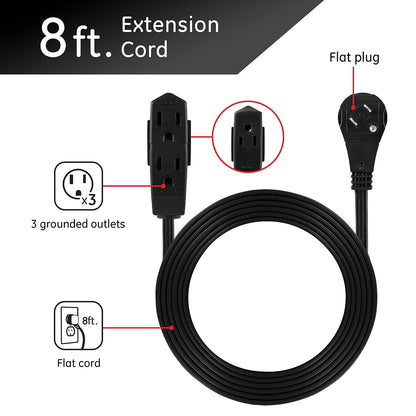 GE 56991 - Cable de extensión plano de 3 tomacorrientes de 8 pies con múltiples tomacorrientes de 3 puntas, cable de extensión de enchufe plano extensor para interiores, calibre 16 UL