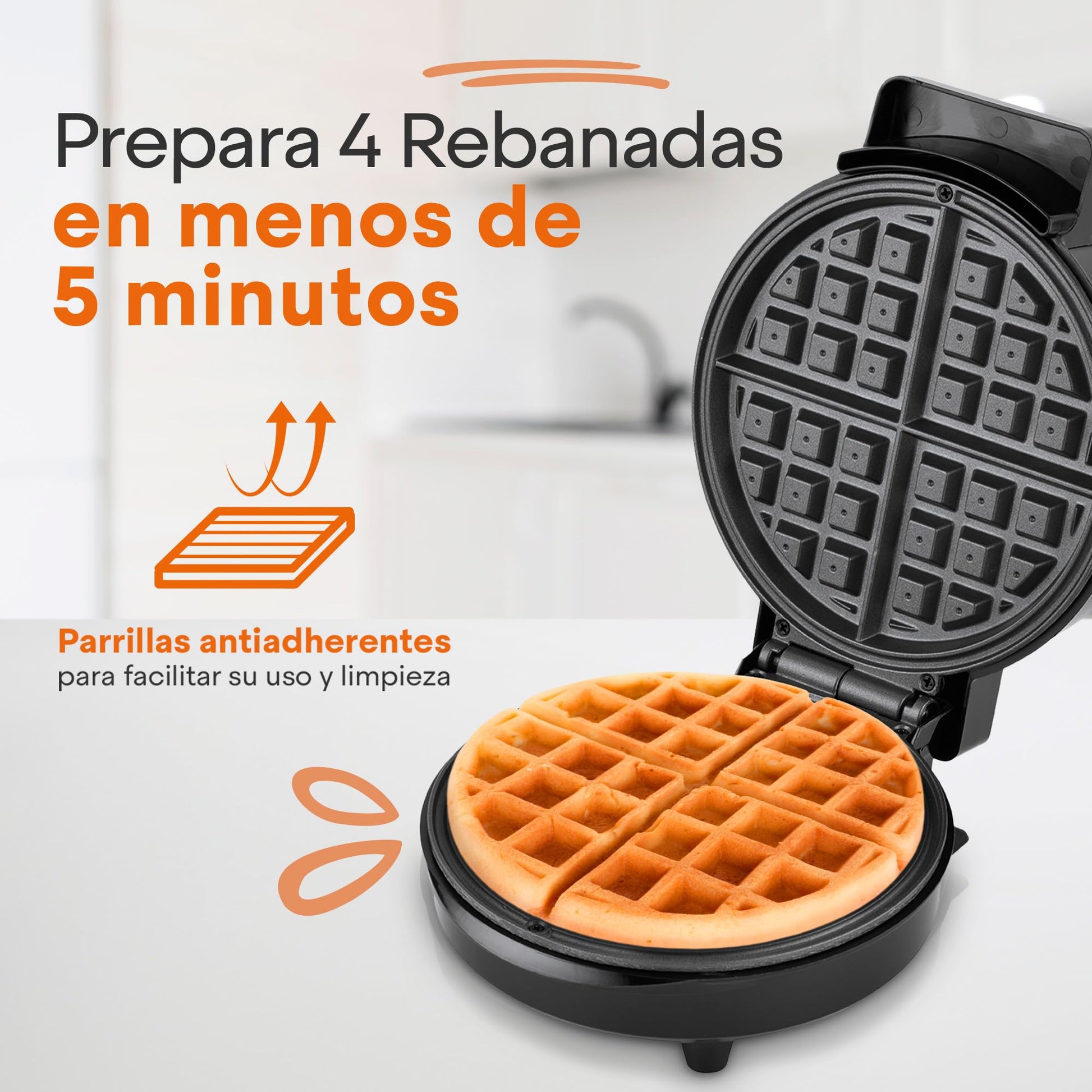 Hukën x MasterChef | Wafflera Belga Eléctrica Flash Cook+ Redonda | Perilla de Temperatura Ajustable | Diseño Compacto | Luces de Encendido y Listo | Antiadherente de Alto Nivel | Acero Inoxidable
