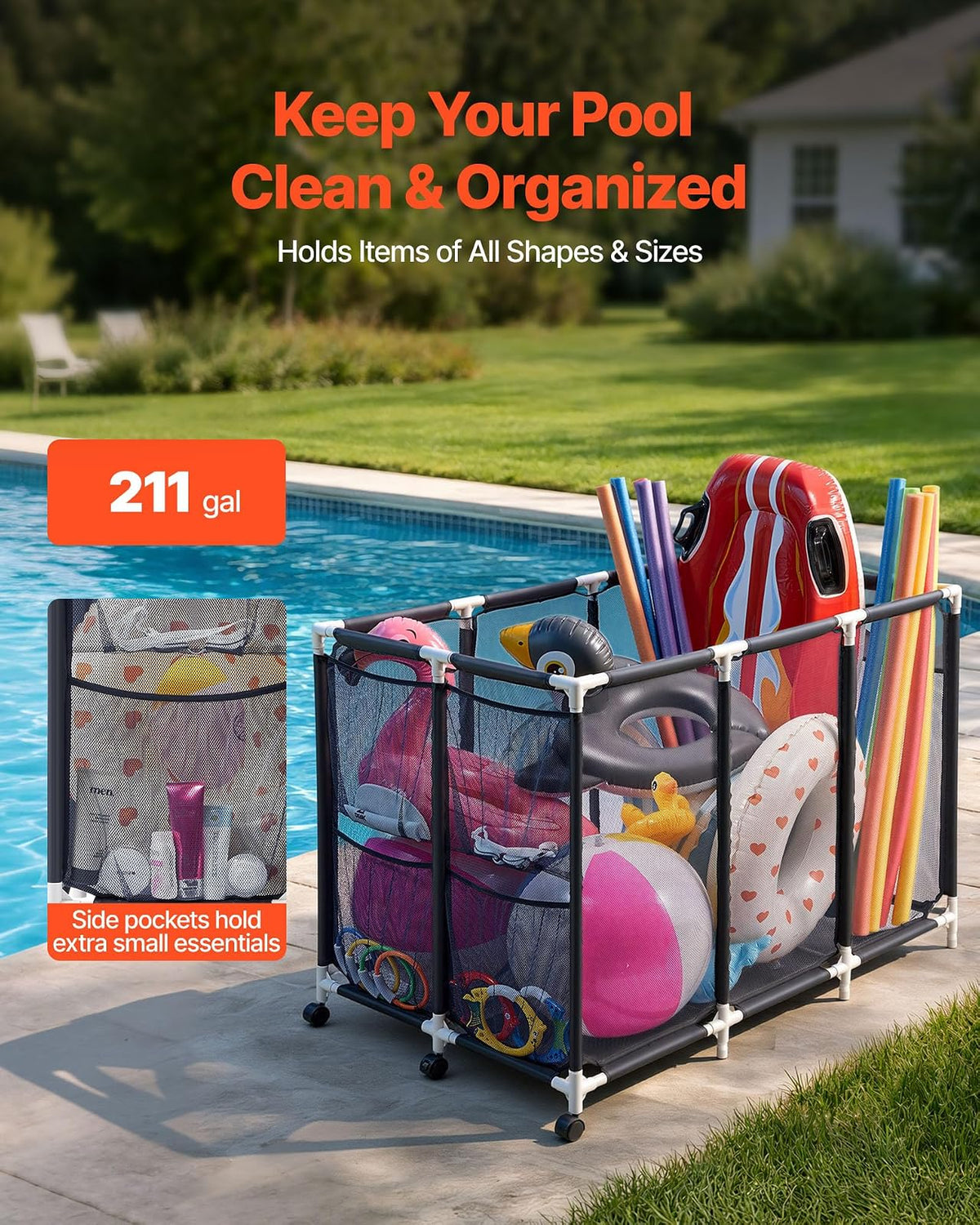 VEVOR Contenedor de Almacenamiento de Piscina 120 x 77 x 86,5 cm, Caja de Almacenamiento para Flotadores con Ruedas, Marco de Plástico Resistente, Cesta de Malla para Juguetes, Inflables, Pelotas