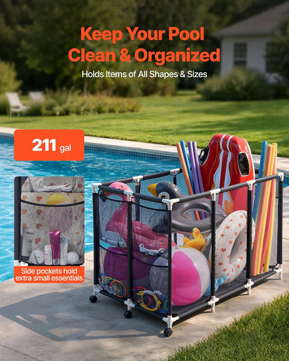 VEVOR Contenedor de Almacenamiento de Piscina 120 x 77 x 86,5 cm, Caja de Almacenamiento para Flotadores con Ruedas, Marco de Plástico Resistente, Cesta de Malla para Juguetes, Inflables, Pelotas