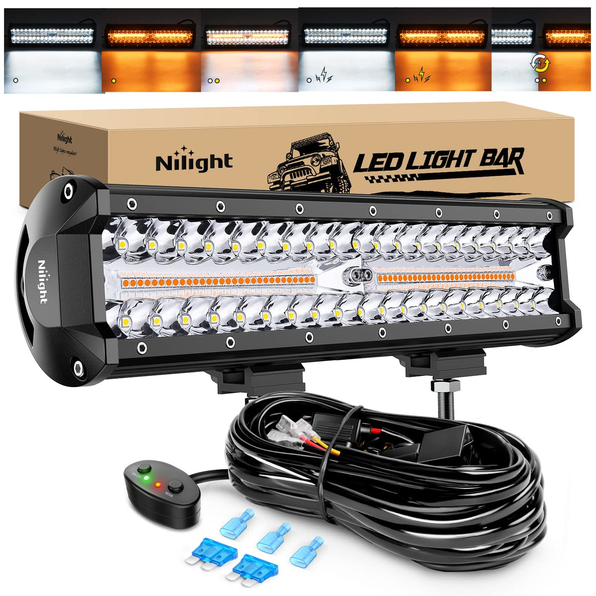 Nilight - Barra de luz LED de 12 pulgadas, 300 W, luz estroboscópica blanca ámbar, 6 modos con función de memoria, todoterreno, camión, todoterreno, SUV, cabina con kit de arnés de cableado de 16 AWG