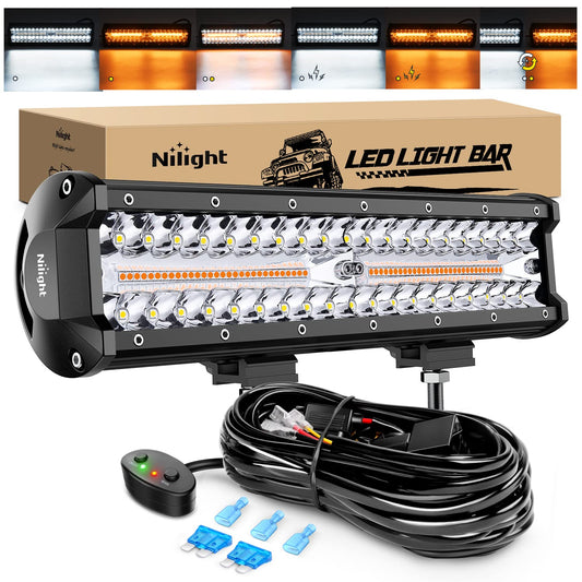 Nilight - Barra de luz LED de 12 pulgadas, 300 W, luz estroboscópica blanca ámbar, 6 modos con función de memoria, todoterreno, camión, todoterreno, SUV, cabina con kit de arnés de cableado de 16 AWG
