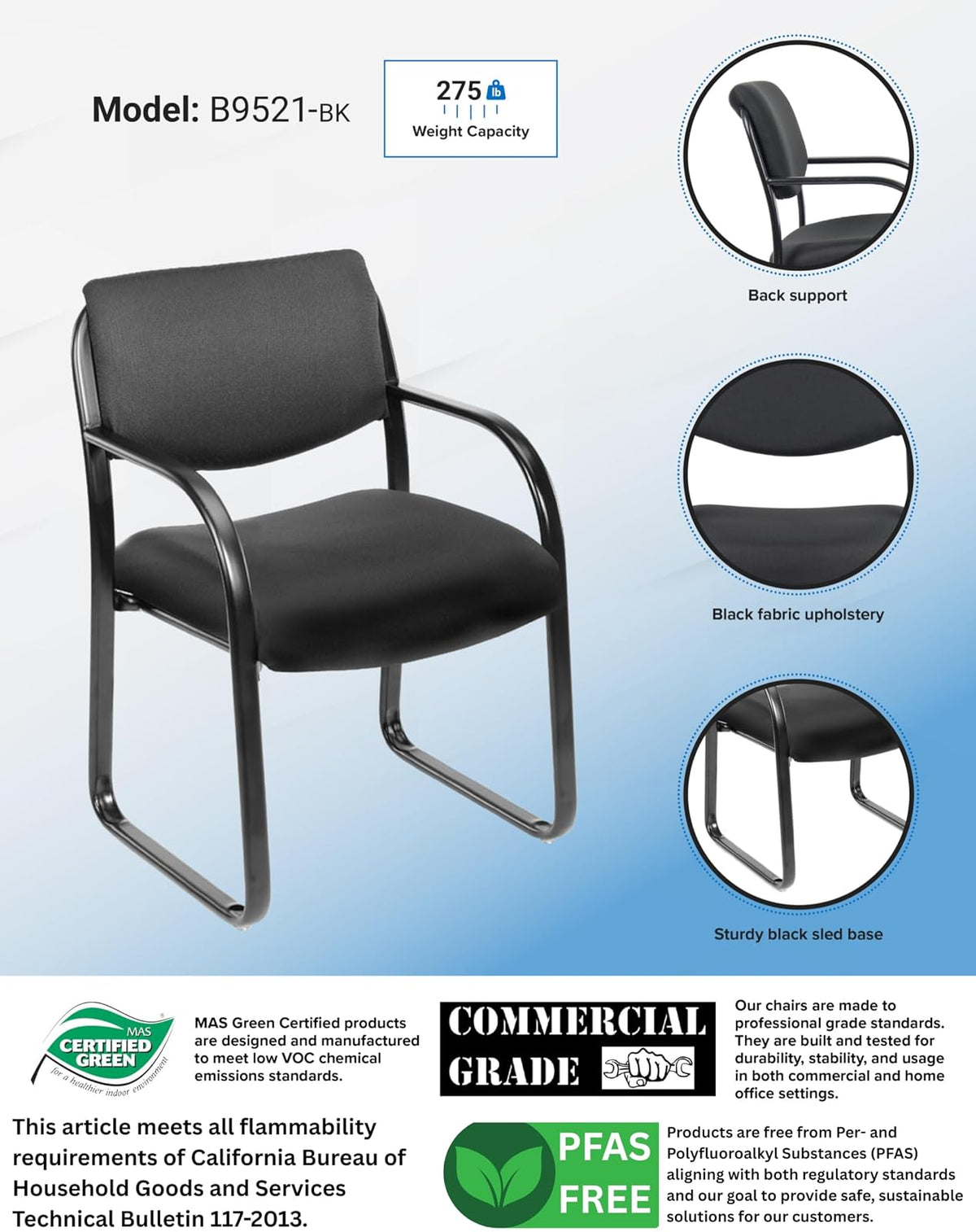 Boss B9521-BK Fabric Plus Guest Chair, Black