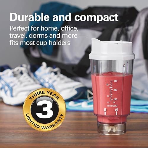 Hamilton Beach Batidora Portátil Personal | Blanco, 2 frascos, 14 oz sin BPA, cuchillas de acero inoxidable, frasco convertido en taza de viaje, cable de 24 pulgadas