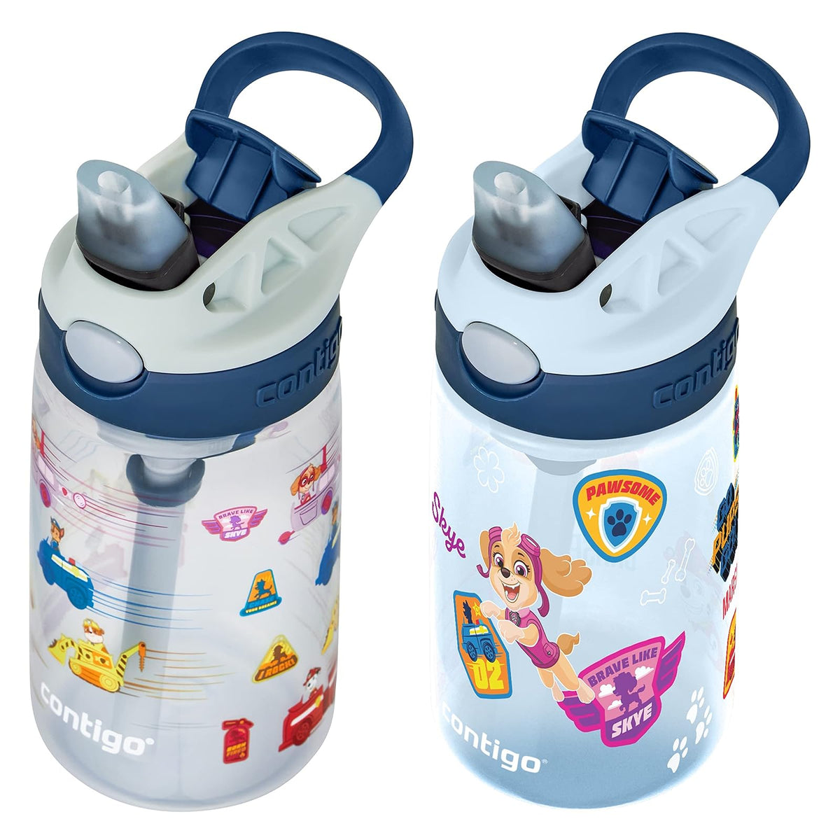Contigo Paw Patrol - Botellas de agua de plástico para niños de 14 onzas, diseño Aubrey con tapa a prueba de derrames, popote de silicona, paquete de 2 convenientes para viajes/hogares/escuelas, apto