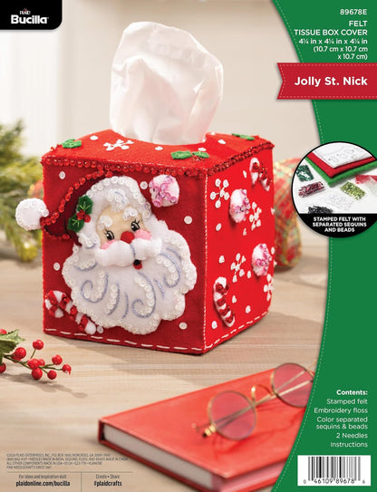Kit de cubierta de caja de pañuelos de aplique de fieltro Bucilla, San Nicolás alegre, perfecto para manualidades y artesanías navideñas DIY, 89678E