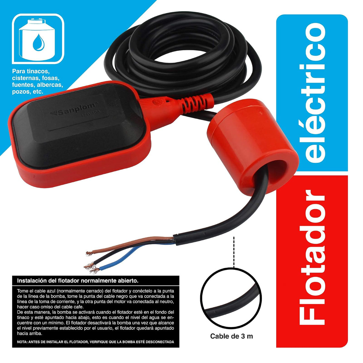 Sanplom Flotador Eléctrico 8569 Rojo Detector de Nivel de Agua