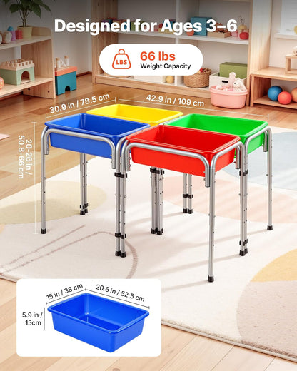 VEVOR Mesa Sensorial Infantil, Juegos de Agua y Arena para Niños de 3-6 Años, Altura Ajustable, Patas Antideslizantes, 4 Cajas Desmontables, Marco de Acero al Carbono, Mesa para Exploración Educación