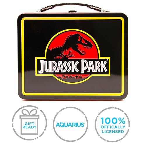 AQUARIUS Jurassic Park Fun Box - Caja de almacenamiento de lata resistente con mango de plástico y cubierta frontal en relieve, con licencia oficial de Jurassic Park y regalo coleccionable (48289)