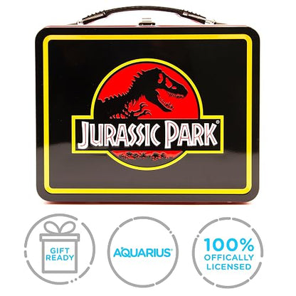 AQUARIUS Jurassic Park Fun Box - Caja de almacenamiento de lata resistente con mango de plástico y cubierta frontal en relieve, con licencia oficial de Jurassic Park y regalo coleccionable (48289)
