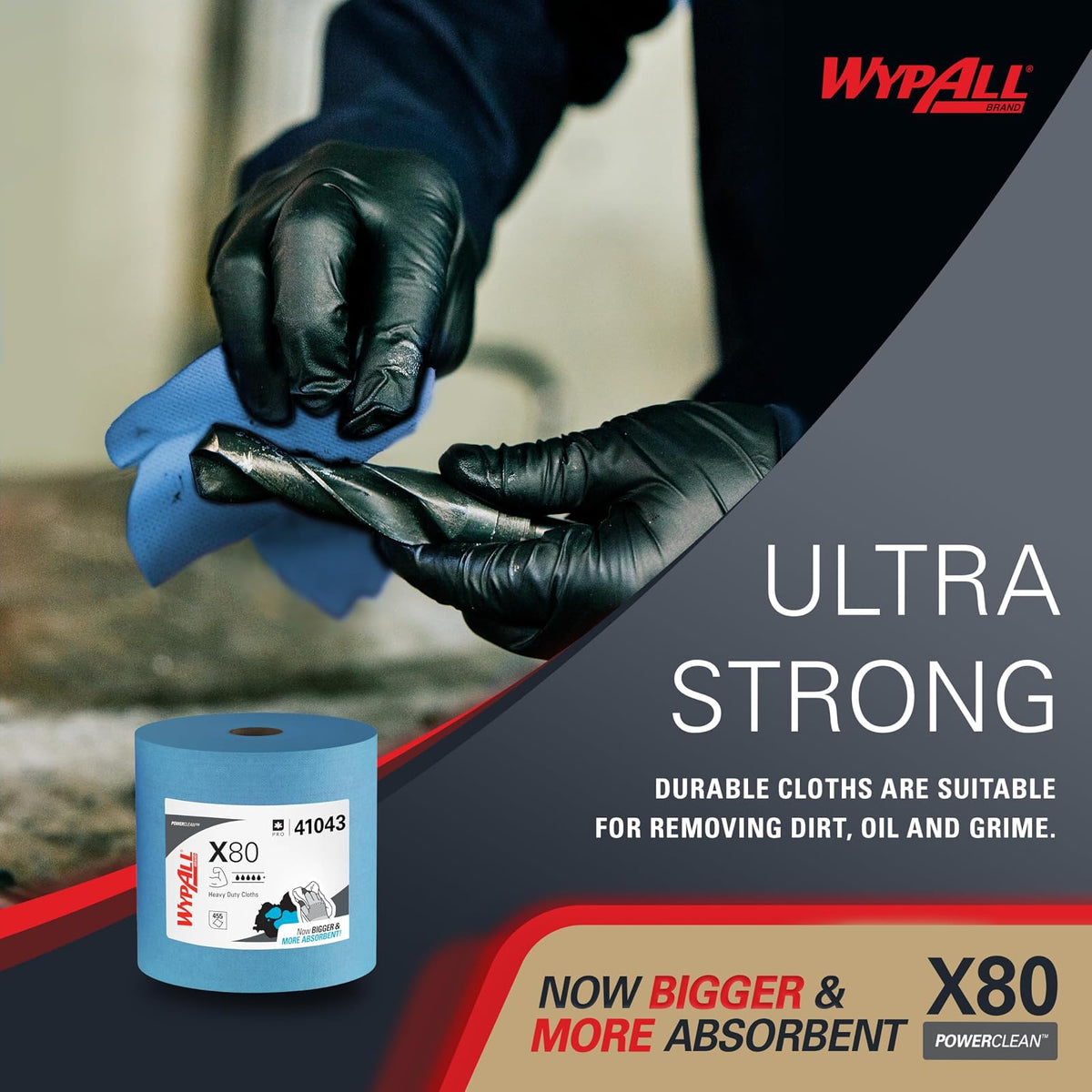 WypAll Power Clean X80 Paños Resistentes 41043 | Azul, 475 hojas/rollo, 1 rollo/estuche, 12.4 x 12.2 pulgadas