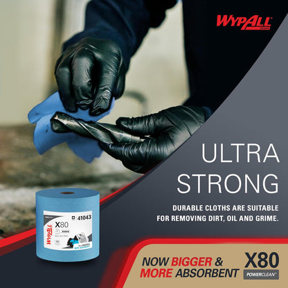 WypAll Power Clean X80 Paños Resistentes 41043 | Azul, 475 hojas/rollo, 1 rollo/estuche, 12.4 x 12.2 pulgadas