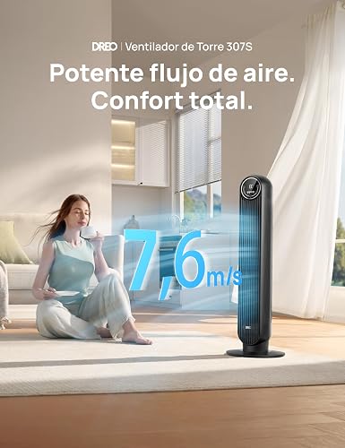 DREO Ventilador de Torre 92cm, 7,6m/s Ventilador Silencioso Habitación, Oscilación 90° Ventilador Portatil con 4 Velocidades y 4 Modos, Control remoto y voz por Wi‑Fi, Temporizador 8H, alexa, Negro