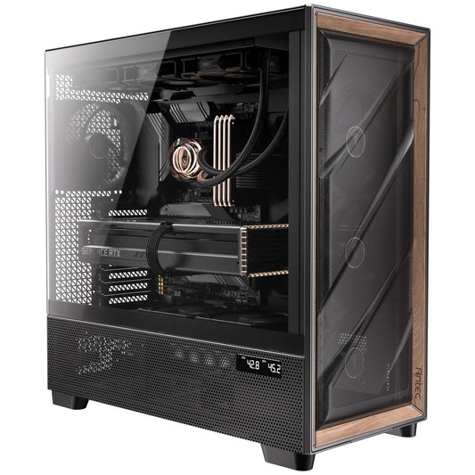 Antec Flux Pro, 6 Ventiladores PWM incluidos, Panel Frontal de Alto Flujo de Aire con Madera de Nogal, PSU iShift Montaje de 90°, USB3.0 x 2, Tipo C, Soporte de radiador de 420 mm, Temperatura