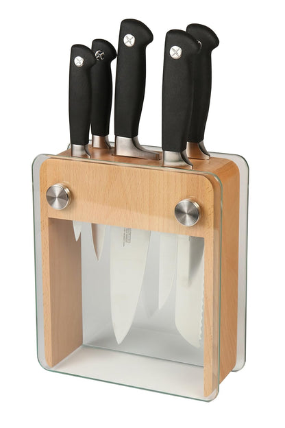 Mercer Culinary Genesis Juego de bloque con 6 cuchillos forjados, Bloque de madera con vidrio templado, Negro/Acero, 15" x 4" x 10", 1, 1
