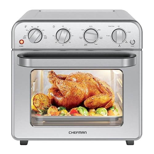 Chefman Combo de horno tostador de freidora de aire, 7 en 1, horno de convección extra grande de 18 L, cocinar una pizza de 10 pulgadas, temporizador integrado, apagado automático, acero inoxidable