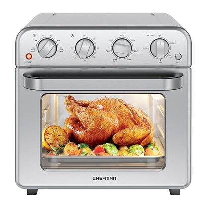 Chefman Combo de horno tostador de freidora de aire, 7 en 1, horno de convección extra grande de 18 L, cocinar una pizza de 10 pulgadas, temporizador integrado, apagado automático, acero inoxidable