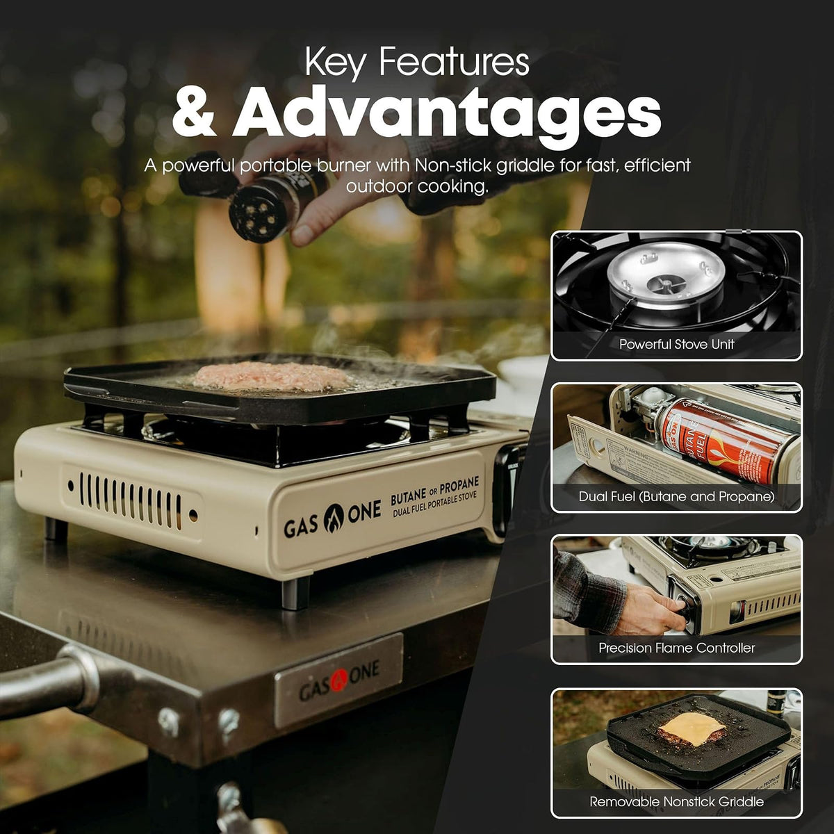 GasOne GS-3400P-KIT Estufa de gas propano o butano con plancha superior plana incluida, quemadores de estufa de doble combustible para cocinar para camping, cocina, aluminio fundido a presión con