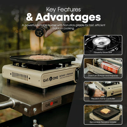 GasOne GS-3400P-KIT Estufa de gas propano o butano con plancha superior plana incluida, quemadores de estufa de doble combustible para cocinar para camping, cocina, aluminio fundido a presión con