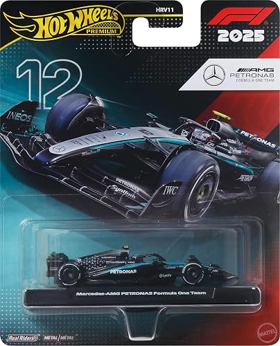 Hot Wheels Collector Mercedes AMG Petronas F1 Kimi Antonelli, Auto Premium Escala 1:64 Metal/Metal con Llantas Real Riders Y Decoración Auténtica