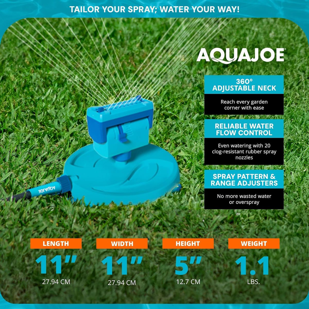 Aqua Joe AJ-OSPR20 Mini aspersor oscilante sobre base de trineo, cobertura de hasta 4.250 pies cuadrados