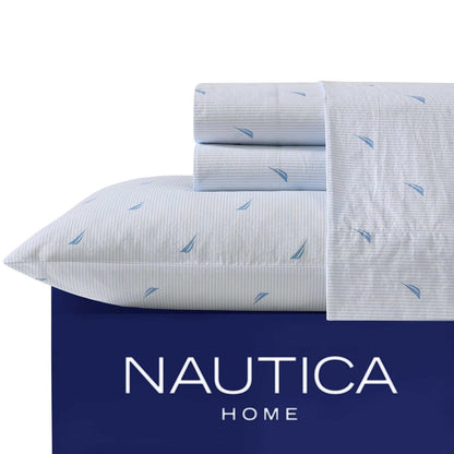Nautica - Juego de sábanas de algodón percal con Funda de Almohada a Juego, crujiente y Fresco, Esencial para recámara (Rayas náuticas, Azul pálido)
