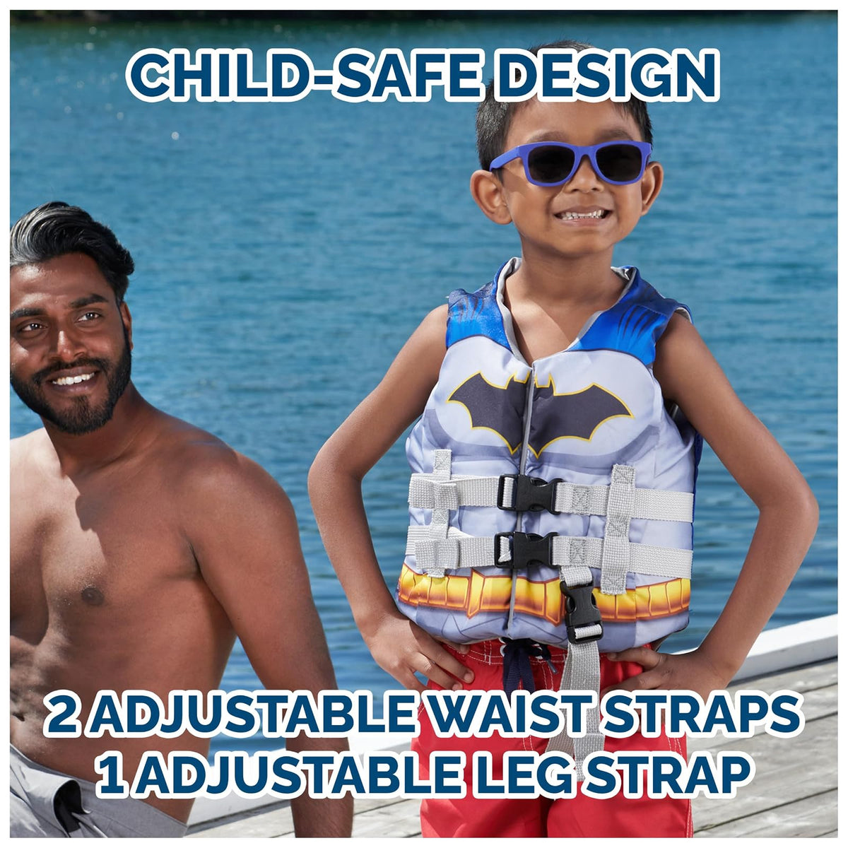 SwimWays DC Swim Trainer Life Jacket, US Coast Guard Approved Life Vest Kids Swim Vest, Pool Floats & Life Jackets for Kids 33-55 lbs, Batman