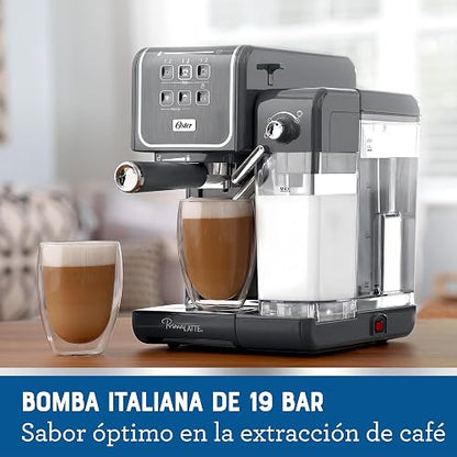 Oster Cafetera PrimaLatte 2 Touch con Panel Táctil y 19 Bar de Presión | Prepara espresso, cappuccino y latte, compatible con café molido, sobres E.S.E. y cápsulas Nespresso, Gris, BVSTEM6801M