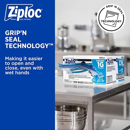 Ziploc Bolsas de congelador profesionales, para organización y almacenamiento de alimentos, doble cremallera, galón, 250 unidades