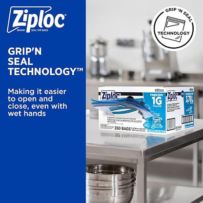 Ziploc Bolsas de congelador profesionales, para organización y almacenamiento de alimentos, doble cremallera, galón, 250 unidades