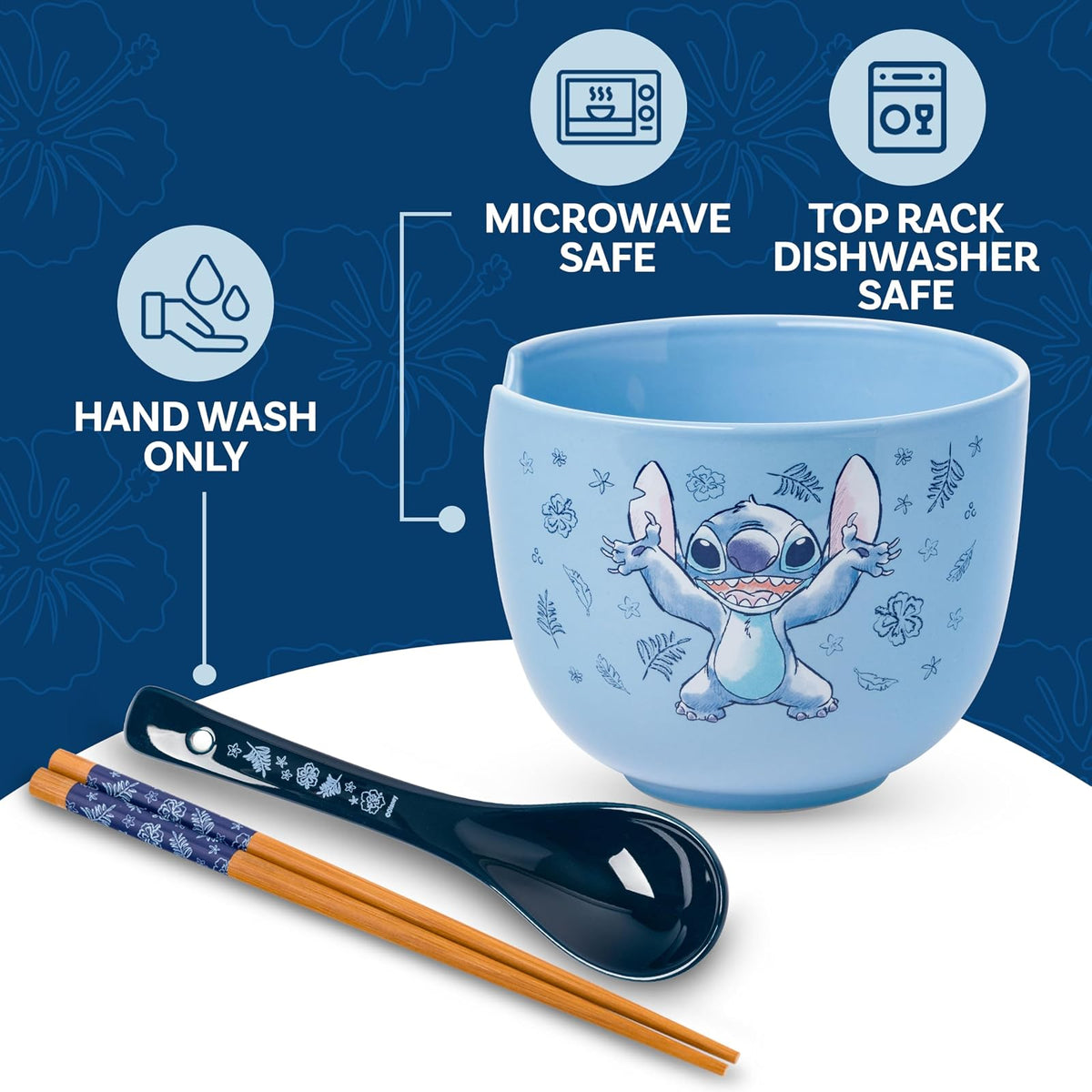 Silver Buffalo Tazón de Cerámica Floral Lilo y Stitch 20 oz | Con palillos y cuchara, apto para microondas y lavaplatos, decoración floral