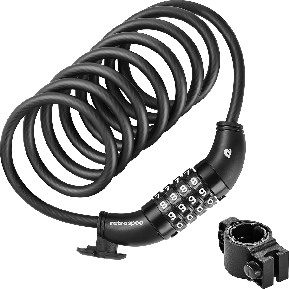 Retrospec Grizzly - Combinación de bloqueo para bicicleta con cable, resistente bloqueo antirrobo, cable de bicicleta de 6 pies en espiral resistente a cortes con combinación personalizada de 4 dígitos y soporte de montaje
