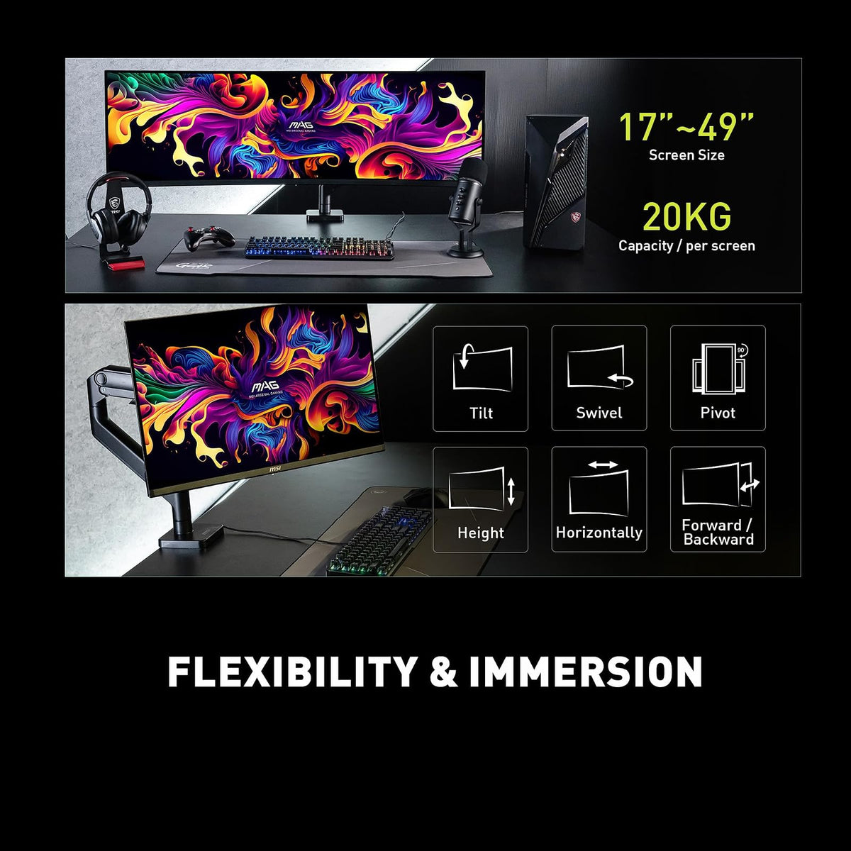 MSI mag MT201 - Brazo de Soporte de Monitor único de Alta Resistencia, soporta Pantallas de 17-49 Pulgadas y 44 Libras, Compatible con VESA, Montaje asistido por Resorte Ajustable, Abrazadera y Ojal,