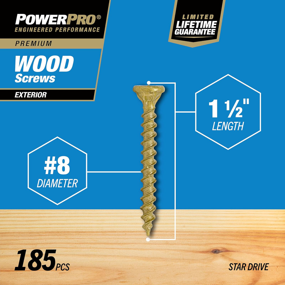 Power Pro 48595 Tornillos para madera, #8 x 1-1/2 pulgadas, tornillos para cubierta exterior premium, resistentes a la corrosión, bronce recubierto de epoxi, caja de 1 libra, 203 piezas