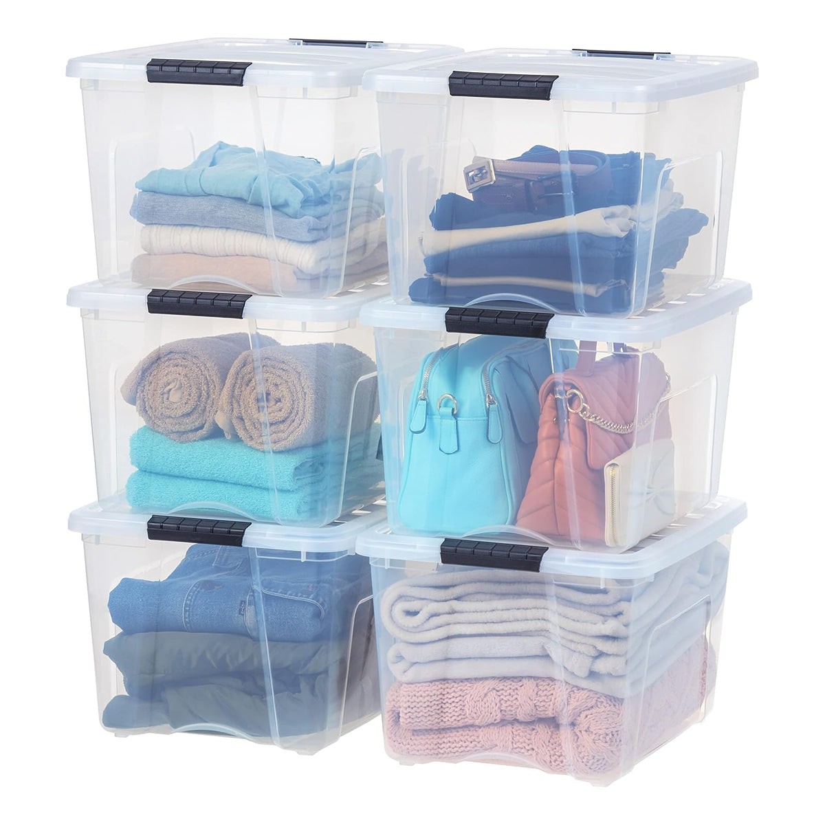IRIS USA 6 Contenedores de 40 Qt con Tapa, Transparentes | Diseño transparente para ver el contenido fácilmente. Ideal para mudanzas, cobijas, ropa y garaje. Diseño anidable.