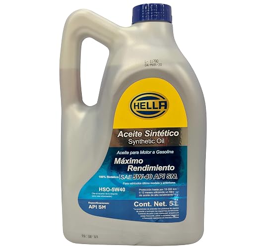 Hella Aceite 100% Sintético Para Motor A Gasolina 5W40, Garrafa De 5 Litros. Número De Parte : Hso-5W40 Aplica Para Tdi