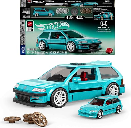 Mattel Brick Shop Hot Wheels Juguete de Construcción Speed Honda 2 con Piezas Metálicas y Auto Diecast, para Niños de 10 Años en Adelante