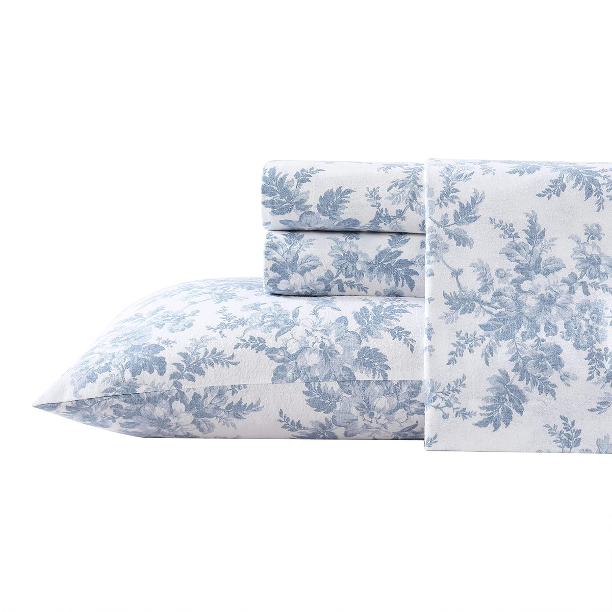 Laura Ashley - Juego de sábanas matrimoniales, Ropa de Cama de Franela de algodón, Cepillado para Mayor suavidad y Comodidad (Azul Vanessa, matrimonial)