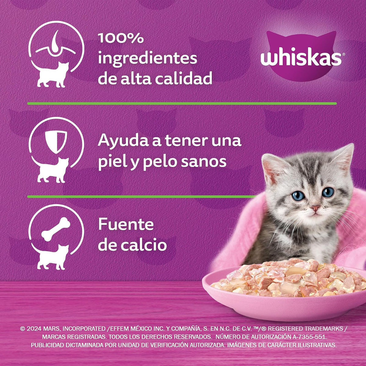 WHISKAS - Alimento Húmedo para Gatitos, Sabor a Soufflé de Salmón, 24 Sobres para Gato, 85 gr., c/u