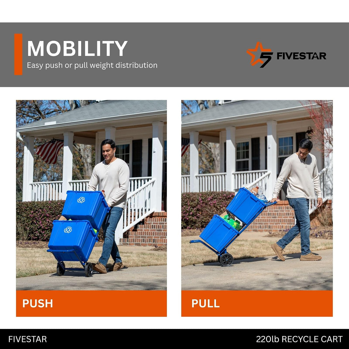 Five Star Carrito de Reciclaje para contenedores de Reciclaje, Capacidad de 200 Libras, Acero, Azul