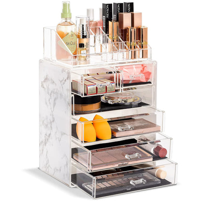 Sorbus Estuche acrílico para almacenamiento de joyas y maquillaje cosmético - Diseño espacioso - Ideal para baño, vestidor, tocador y encimera - 4 Large, 2 Small Drawers - Estampado de mármol